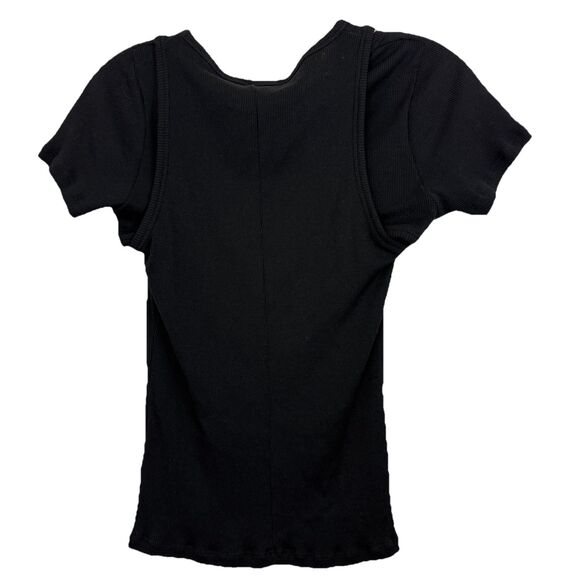 ME+EM Women's Sz 8 Black Ribbed Knit Split Shoulder Layered Casual Tee - Picture 7 of 7